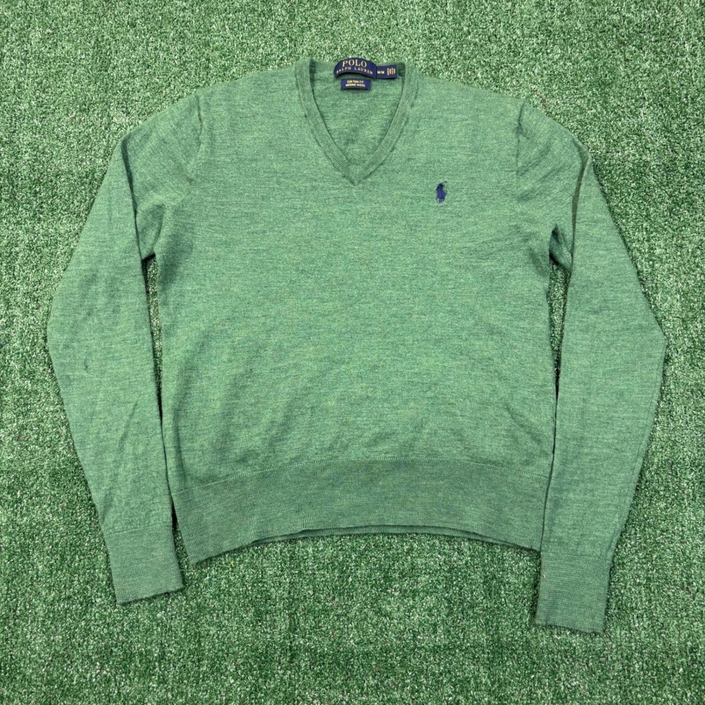 Y2K Polo Ralph Lauren V-Neck Sweater Green Merino Wool Custom Fit